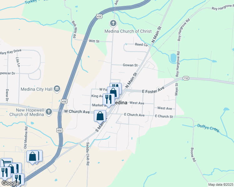 map of restaurants, bars, coffee shops, grocery stores, and more near 227 North 2nd Street in Medina
