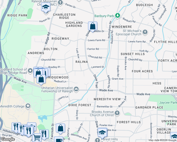 map of restaurants, bars, coffee shops, grocery stores, and more near 1221 Dixie Trail in Raleigh