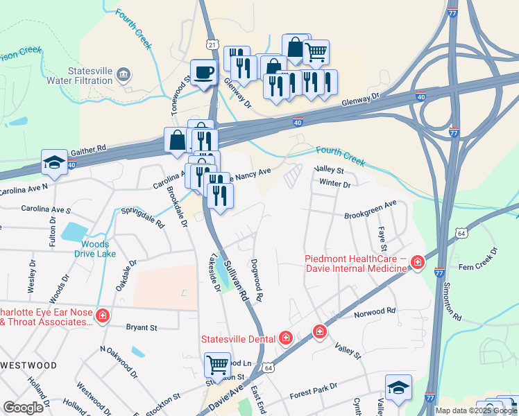 map of restaurants, bars, coffee shops, grocery stores, and more near 651 Dogwood Road in Statesville