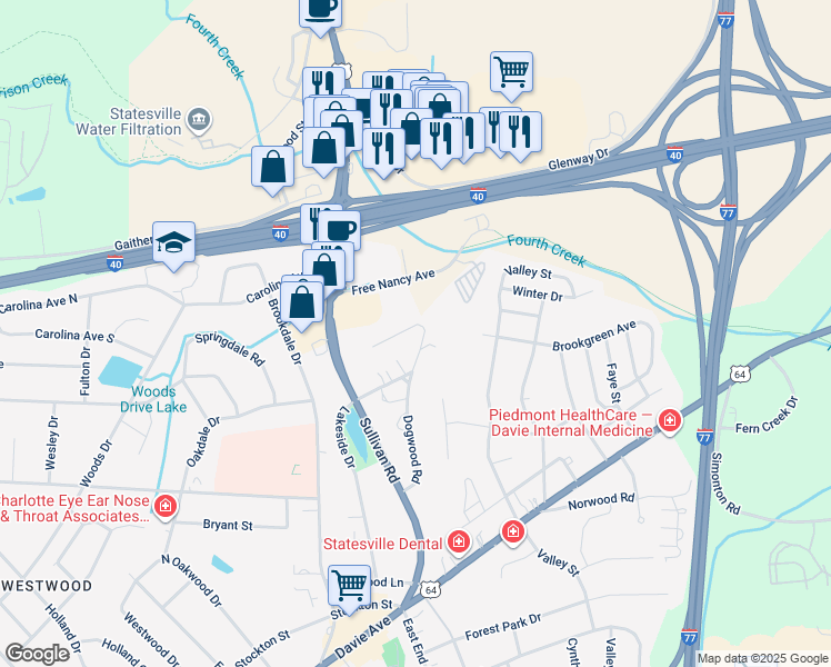 map of restaurants, bars, coffee shops, grocery stores, and more near 651 Dogwood Road in Statesville