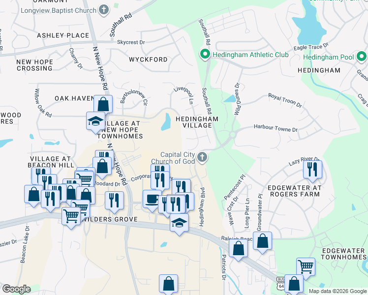 map of restaurants, bars, coffee shops, grocery stores, and more near 4953 Liverpool Lane in Raleigh