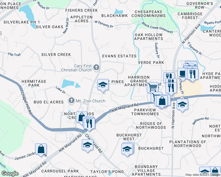 map of restaurants, bars, coffee shops, grocery stores, and more near 306 Cary Pines Drive in Cary