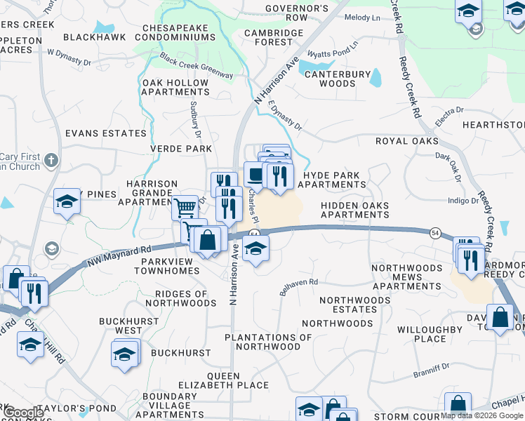 map of restaurants, bars, coffee shops, grocery stores, and more near 239 Grande Heights Drive in Cary