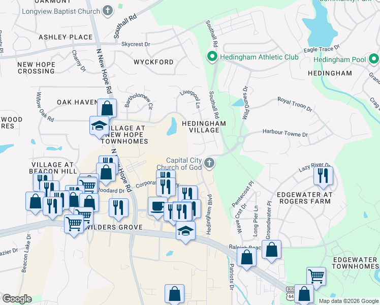 map of restaurants, bars, coffee shops, grocery stores, and more near 4953 Liverpool Lane in Raleigh