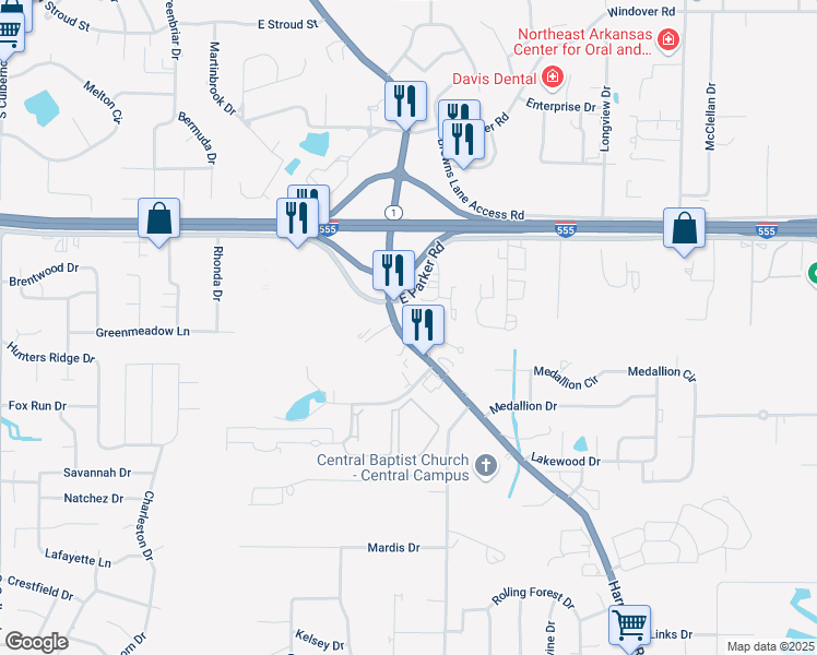 map of restaurants, bars, coffee shops, grocery stores, and more near 900 Garden Parkway in Jonesboro