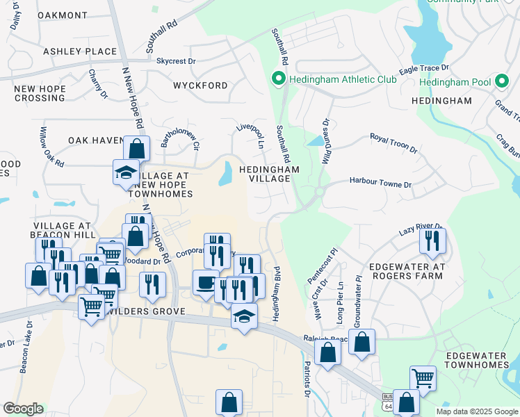 map of restaurants, bars, coffee shops, grocery stores, and more near 4953 Liverpool Lane in Raleigh