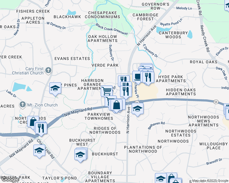 map of restaurants, bars, coffee shops, grocery stores, and more near 3221 Grande Classic Way in Cary