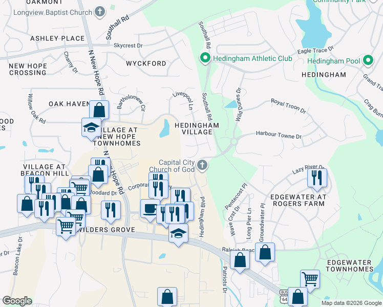 map of restaurants, bars, coffee shops, grocery stores, and more near 4953 Liverpool Lane in Raleigh