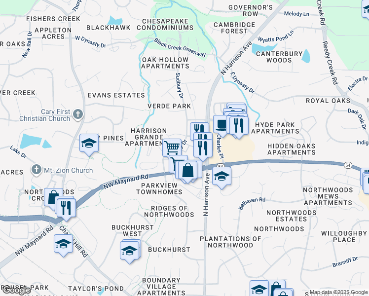 map of restaurants, bars, coffee shops, grocery stores, and more near 3221 Grande Classic Way in Cary
