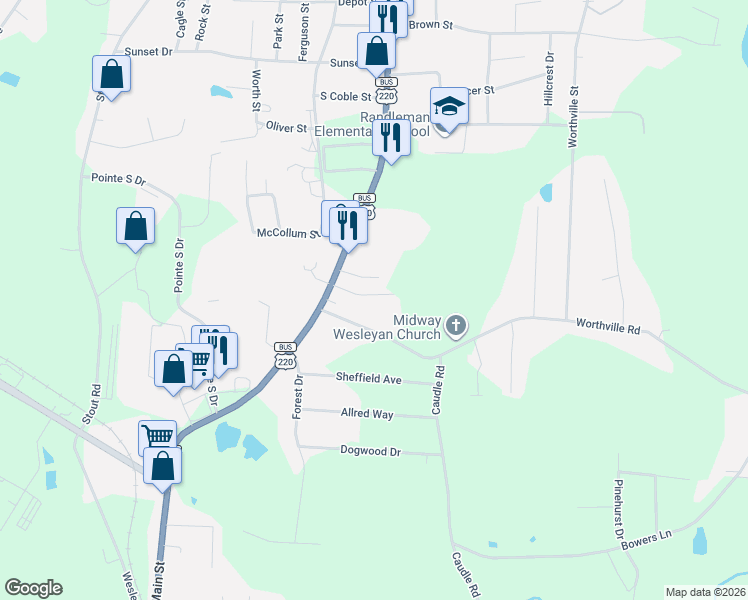 map of restaurants, bars, coffee shops, grocery stores, and more near 175 Worthville Road in Randleman