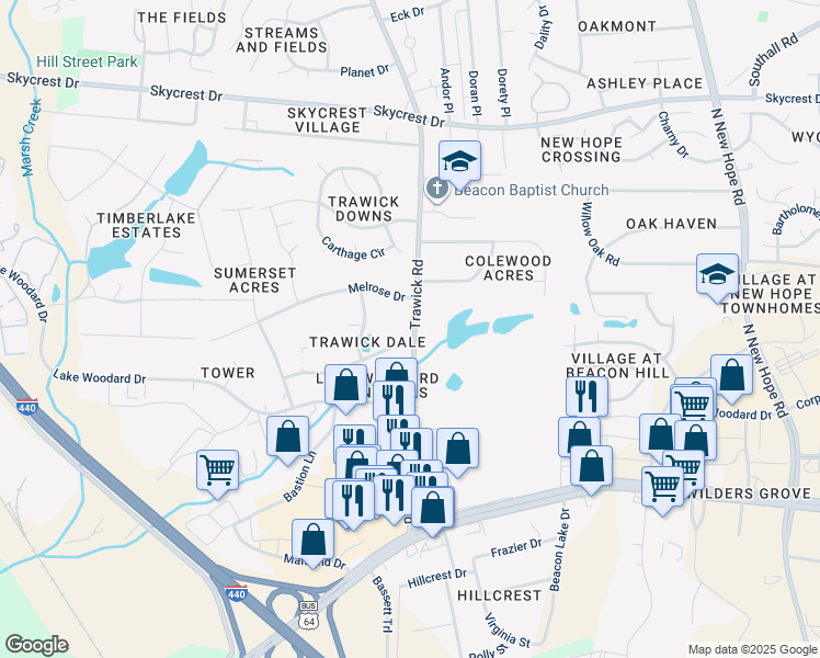 map of restaurants, bars, coffee shops, grocery stores, and more near 1913 Trawick Road in Raleigh