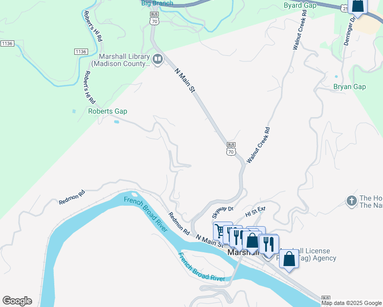 map of restaurants, bars, coffee shops, grocery stores, and more near 760 Roberts Hill Road in Marshall