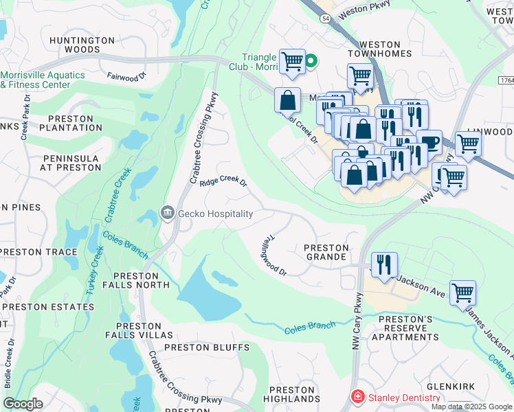 map of restaurants, bars, coffee shops, grocery stores, and more near 100 Bending Oak Way in Morrisville