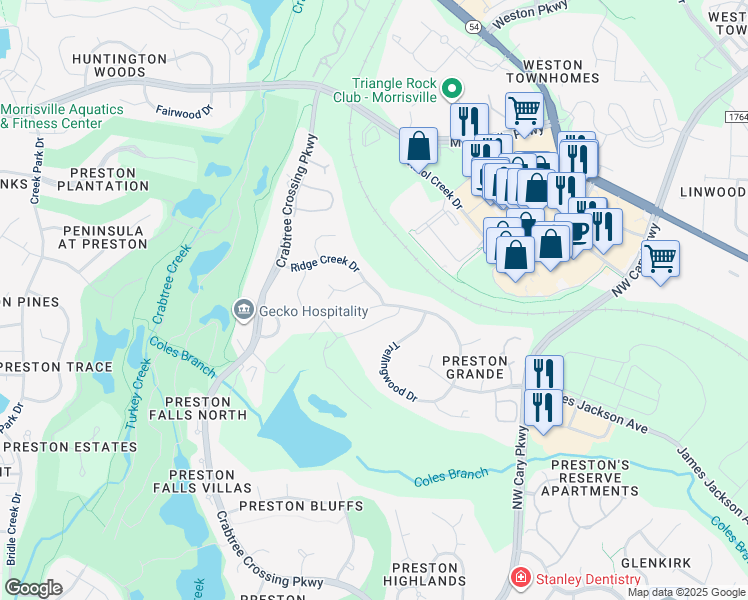map of restaurants, bars, coffee shops, grocery stores, and more near 100 Bending Oak Way in Morrisville