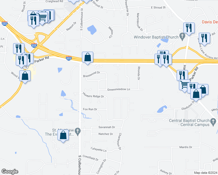 map of restaurants, bars, coffee shops, grocery stores, and more near 301 Greenmeadow Lane in Jonesboro