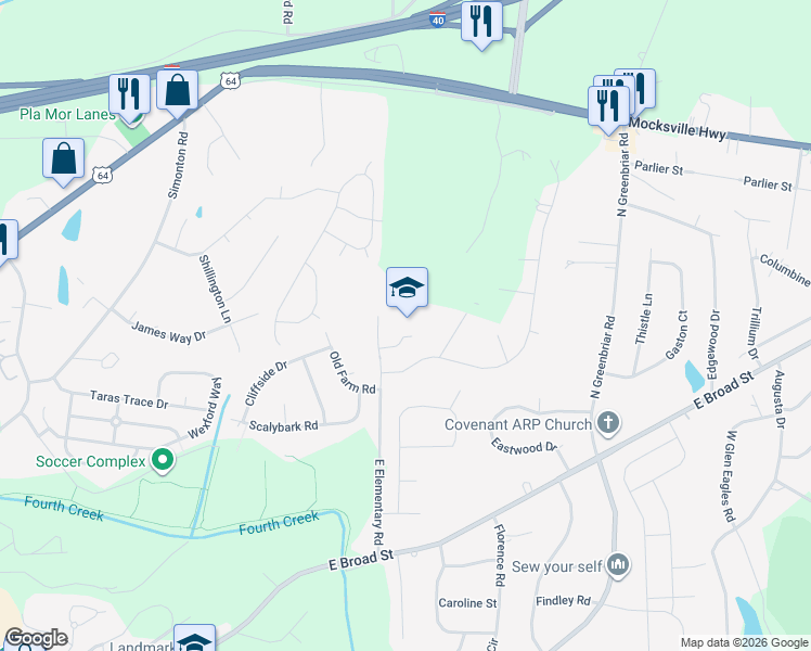 map of restaurants, bars, coffee shops, grocery stores, and more near 400 East Elementary Road in Statesville