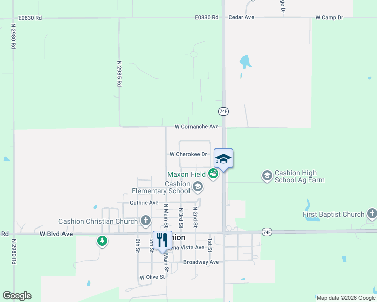 map of restaurants, bars, coffee shops, grocery stores, and more near 206 West Cherokee Drive in Cashion