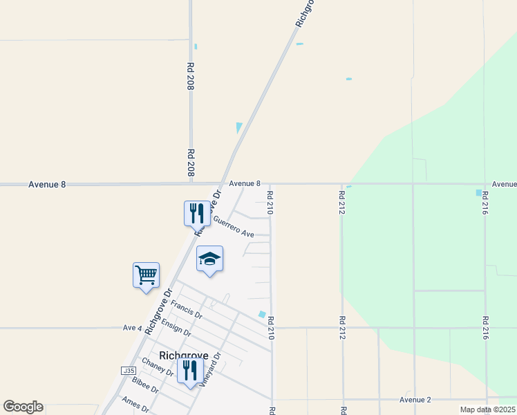 map of restaurants, bars, coffee shops, grocery stores, and more near 20967-20975 Hernandez Avenue in Richgrove