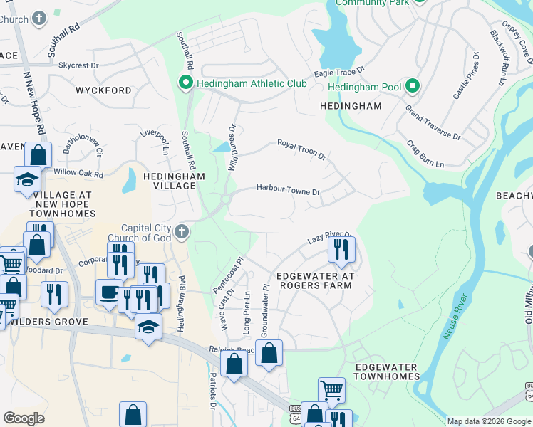 map of restaurants, bars, coffee shops, grocery stores, and more near 4948 Royal Adelaide Way in Raleigh