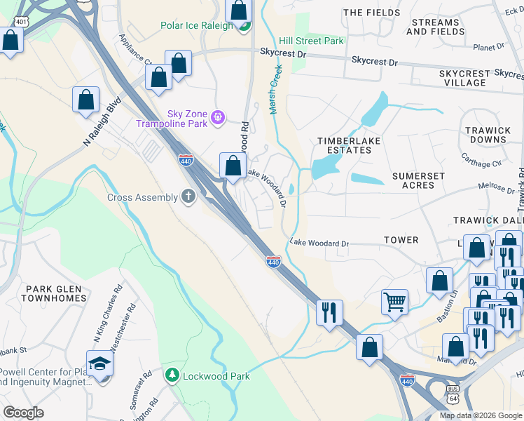 map of restaurants, bars, coffee shops, grocery stores, and more near 1950 Brentmoor Drive in Raleigh