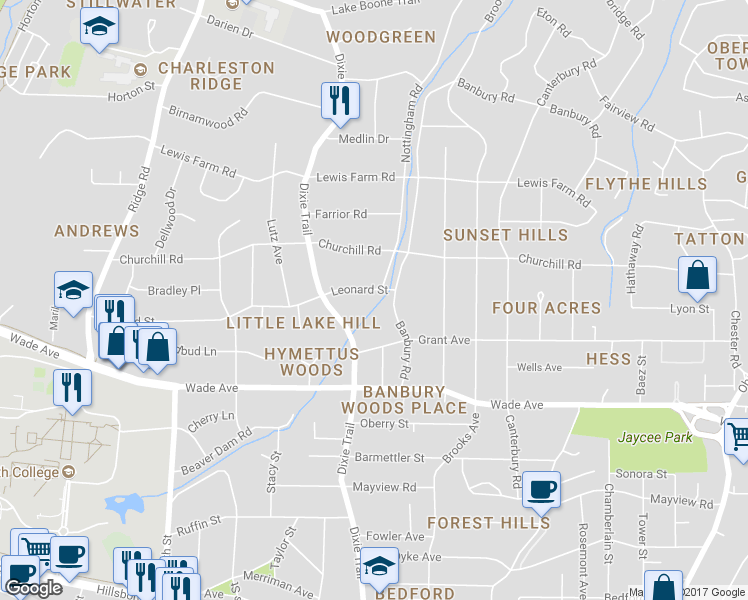 map of restaurants, bars, coffee shops, grocery stores, and more near 3010 Grant Avenue in Raleigh