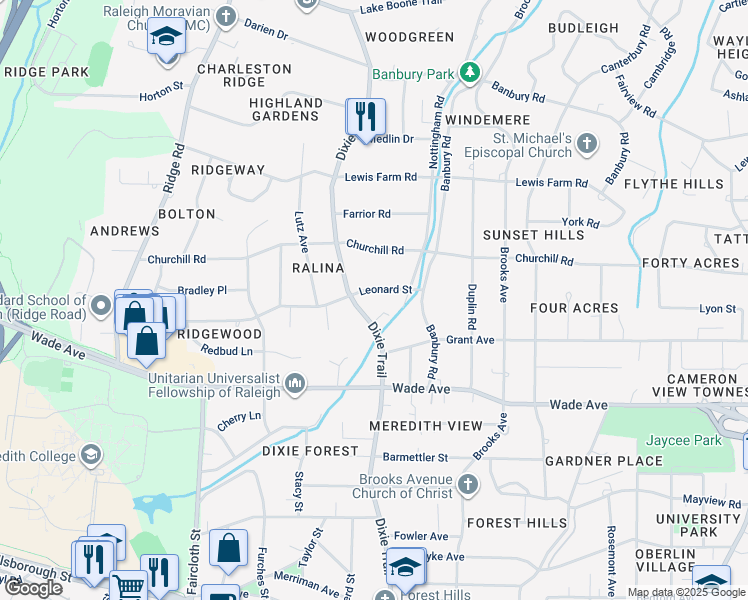 map of restaurants, bars, coffee shops, grocery stores, and more near 1220 Dixie Trail in Raleigh