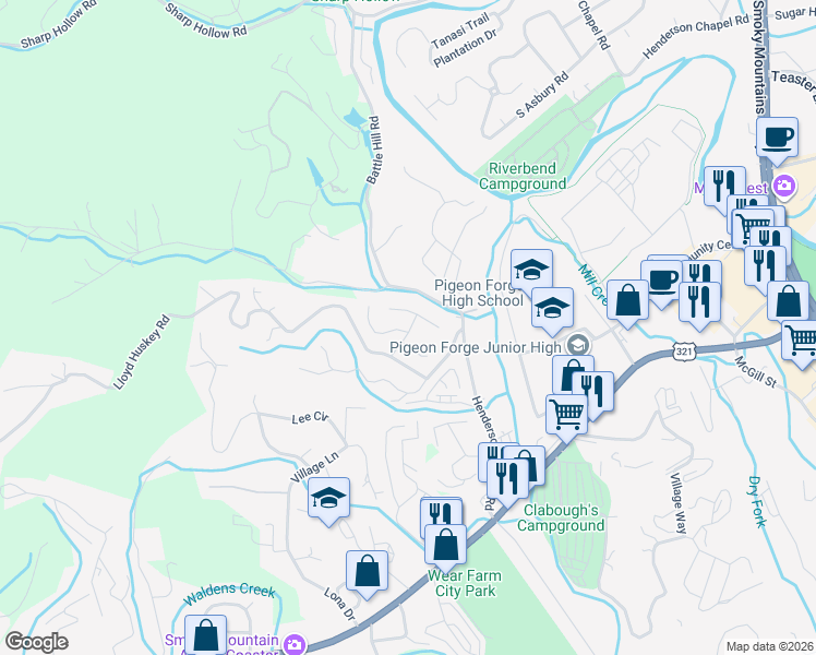 map of restaurants, bars, coffee shops, grocery stores, and more near 2708 Cobblestone Drive in Pigeon Forge