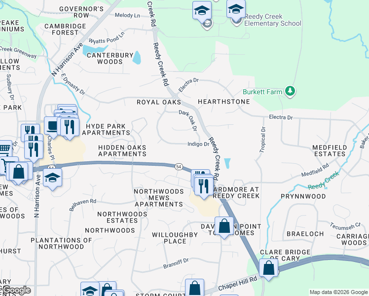 map of restaurants, bars, coffee shops, grocery stores, and more near 316 Indigo Drive in Cary