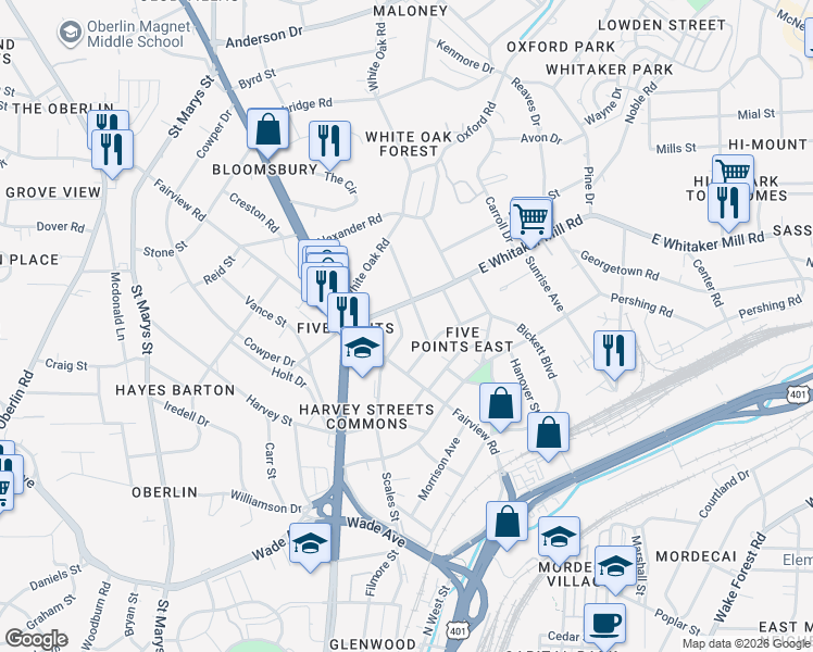 map of restaurants, bars, coffee shops, grocery stores, and more near 1708 Scales Street in Raleigh