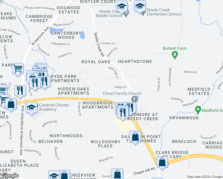 map of restaurants, bars, coffee shops, grocery stores, and more near 316 Indigo Drive in Cary