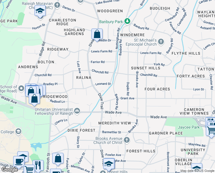map of restaurants, bars, coffee shops, grocery stores, and more near 3010 Grant Avenue in Raleigh
