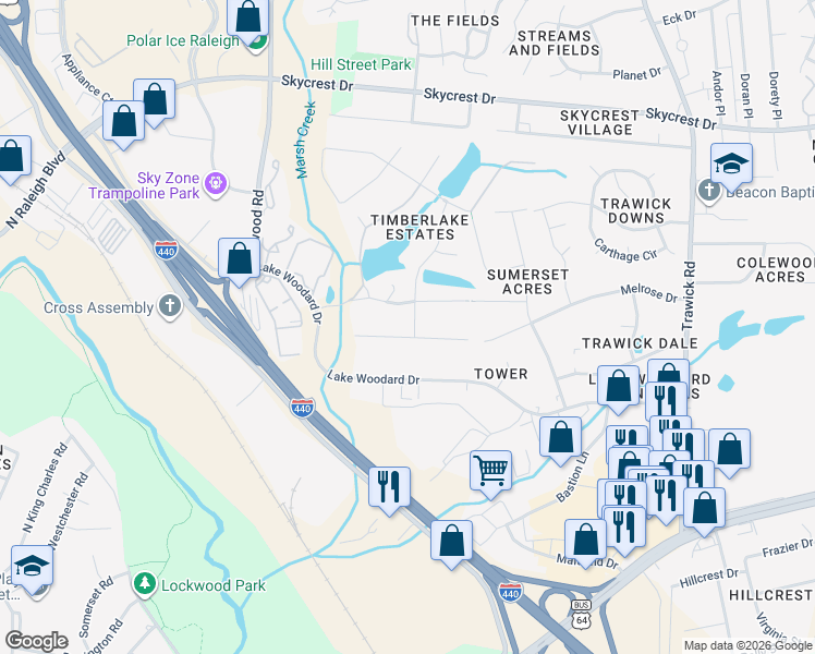 map of restaurants, bars, coffee shops, grocery stores, and more near 3300 Marie Drive in Raleigh
