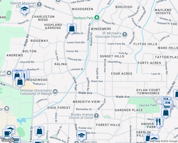 map of restaurants, bars, coffee shops, grocery stores, and more near 1324 Banbury Road in Raleigh