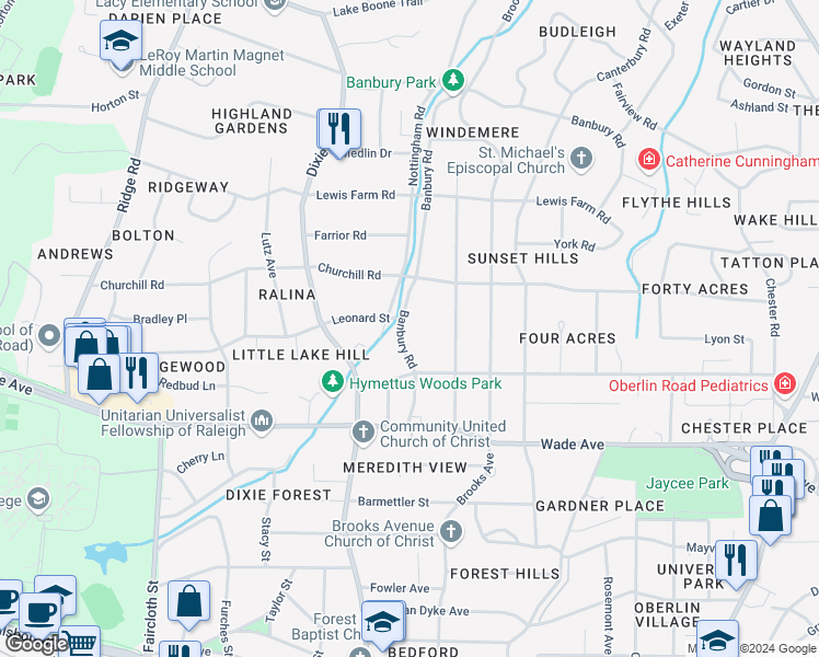 map of restaurants, bars, coffee shops, grocery stores, and more near 1324 Banbury Road in Raleigh