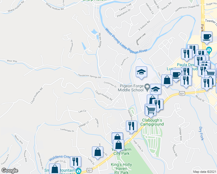 map of restaurants, bars, coffee shops, grocery stores, and more near 2708 Cobblestone Drive in Pigeon Forge