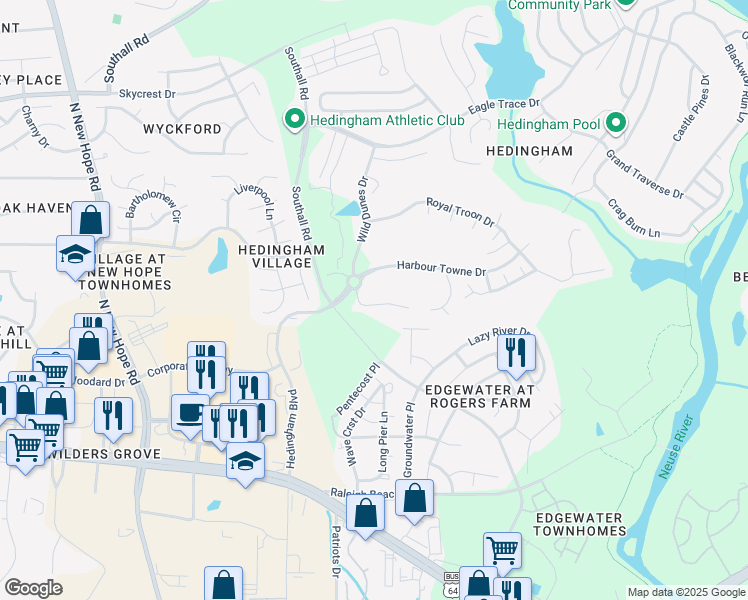 map of restaurants, bars, coffee shops, grocery stores, and more near 4925 Royal Adelaide Way in Raleigh