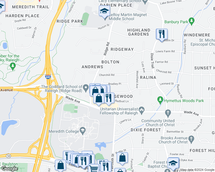 map of restaurants, bars, coffee shops, grocery stores, and more near 3445 Bradley Place in Raleigh