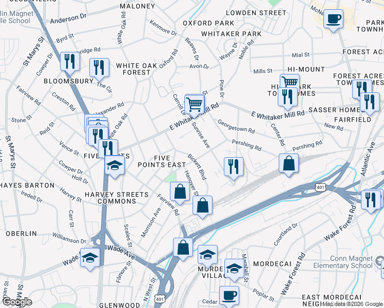 map of restaurants, bars, coffee shops, grocery stores, and more near 25 East Aycock Street in Raleigh