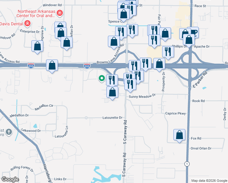 map of restaurants, bars, coffee shops, grocery stores, and more near 3120 Shelby Drive in Jonesboro