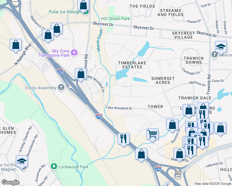 map of restaurants, bars, coffee shops, grocery stores, and more near 3204 Marie Drive in Raleigh