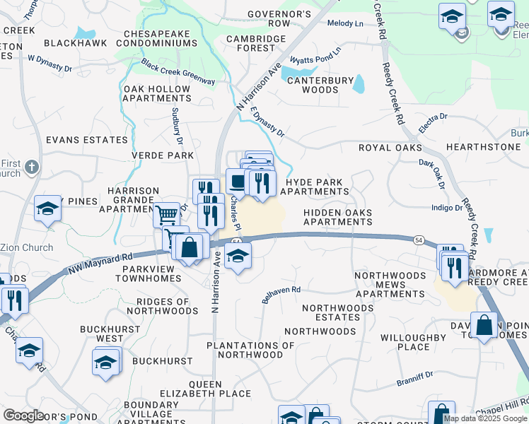 map of restaurants, bars, coffee shops, grocery stores, and more near 220 Grande Heights Drive in Cary