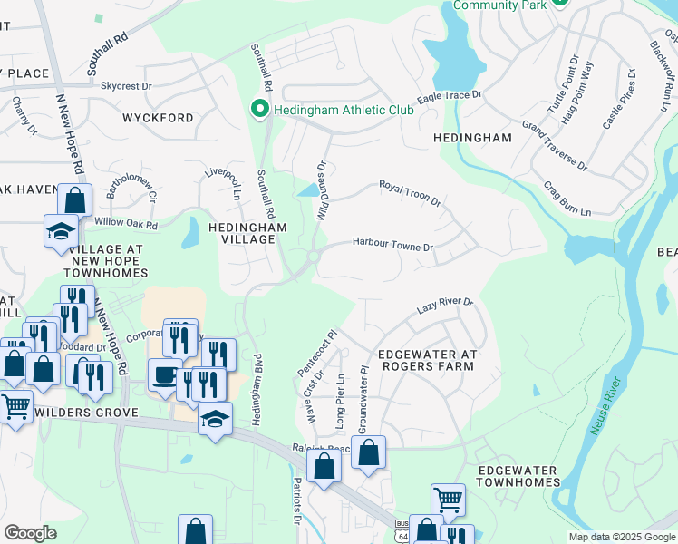 map of restaurants, bars, coffee shops, grocery stores, and more near 4937 Royal Adelaide Way in Raleigh