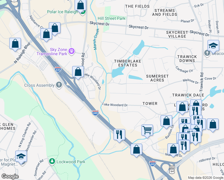 map of restaurants, bars, coffee shops, grocery stores, and more near 3204 Marie Drive in Raleigh