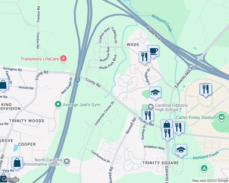 map of restaurants, bars, coffee shops, grocery stores, and more near 5620 Trinity Road in Raleigh
