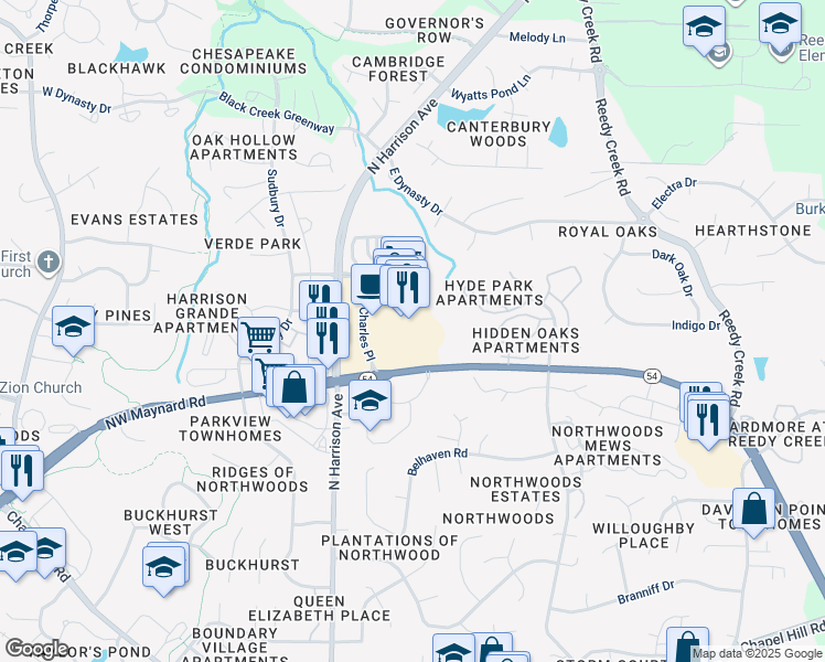 map of restaurants, bars, coffee shops, grocery stores, and more near 205 Grande Heights Drive in Cary