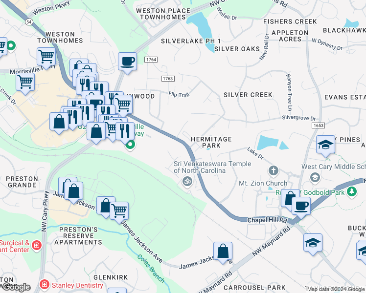 map of restaurants, bars, coffee shops, grocery stores, and more near 849 Rymark Court in Cary
