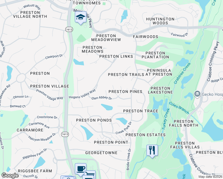 map of restaurants, bars, coffee shops, grocery stores, and more near 201 Glen Abbey Drive in Cary
