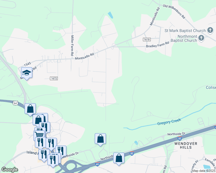 map of restaurants, bars, coffee shops, grocery stores, and more near 177 Monte Vista Drive in Statesville