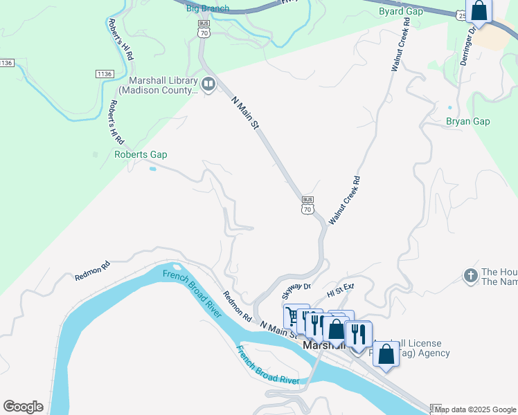 map of restaurants, bars, coffee shops, grocery stores, and more near 760 Roberts Hill Road in Marshall
