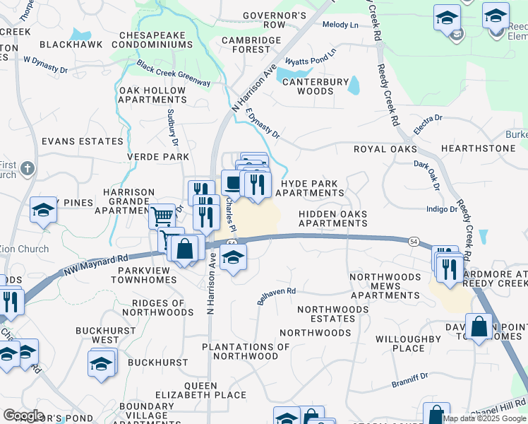 map of restaurants, bars, coffee shops, grocery stores, and more near 220 Grande Heights Drive in Cary